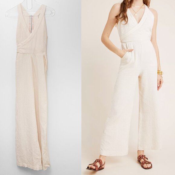 Anthropologie Pants - By Anthropologie Demi Textured Jumpsuit Sleeveless Cotton V-Neck Cream Size 2